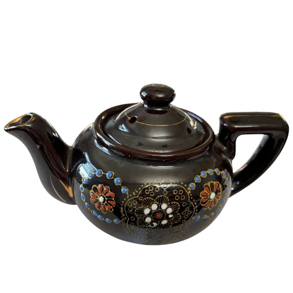 Japan Vintage Ceramic Black Moriage Teapot Glazed and Enamel Colorful EUC